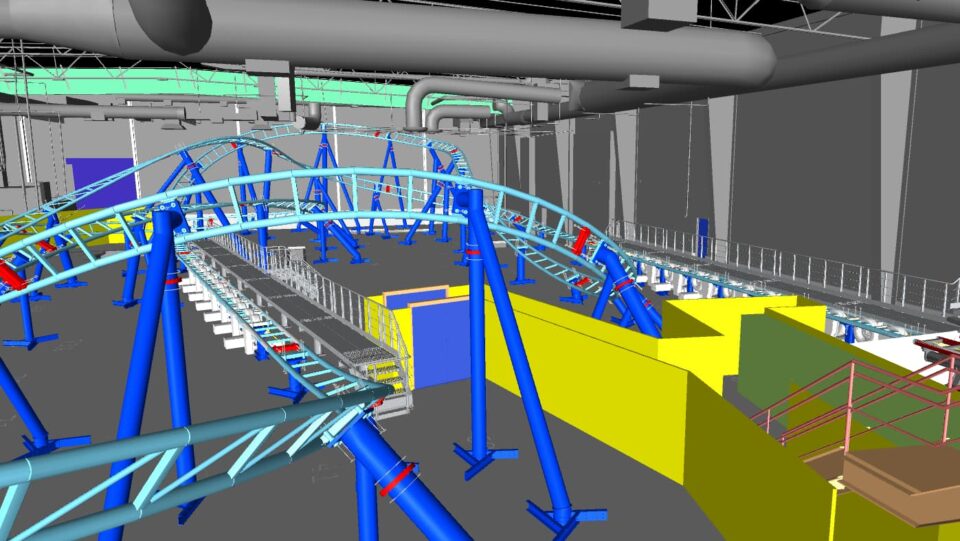 3D-Modell eines Indoor-Achterbahnlayouts geplant mit ProVI Schiene mit blauen und gelben Schienen.